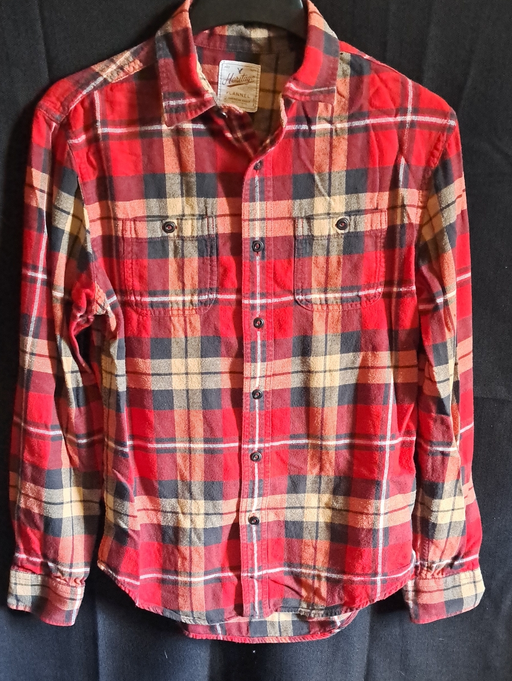 AEO Heritage Men's Red, Tan and Navy Plaid Button-Down Flannel Shirt
